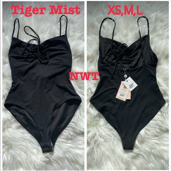 NWT XS/M/L Tiger mist black ruched bodysuit adjustable straps tie front halation - Picture 1 of 11